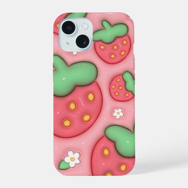 3D Puffy Pink Strawberry Ästhetische Handycase iPhone 15 Hülle (Rückseite)