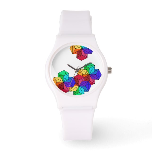 3D-Rainbow-Random-Cube-Dreiecke auf Weiß Armbanduhr (Vorderseite)
