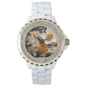 3D-Rendering von orange-weißen Blumen Armbanduhr