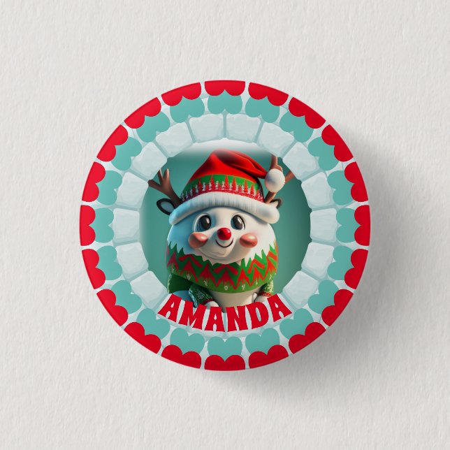 3D Rentier Weihnachtsname Personalisierter Feierta Button (Vorderseite)
