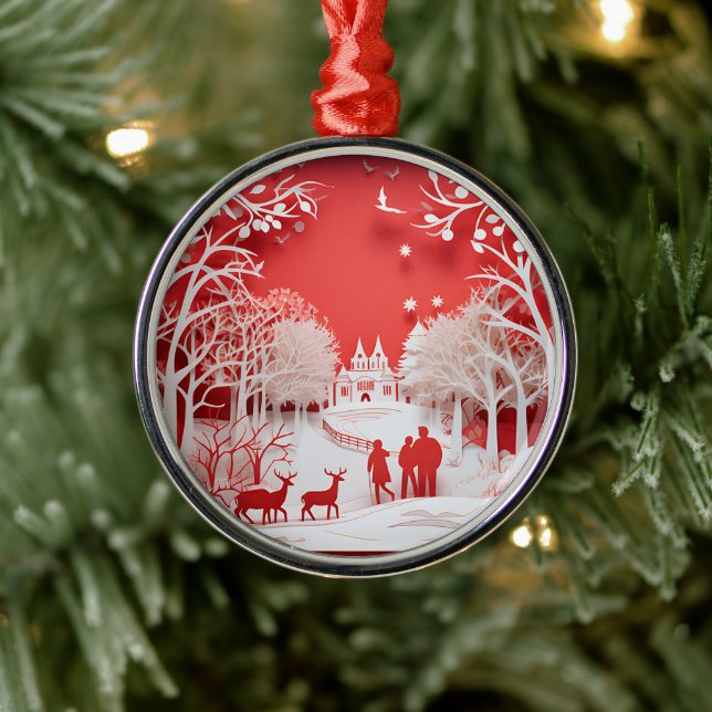 3D-Rentiere und Menschen in Village Ornament Aus Metall (Baum)