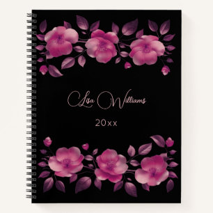 3D rosa glänzende metallische Blumen Schwarz Notizbuch