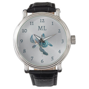 3D-Schildkröte Silber-Monogramm Armbanduhr