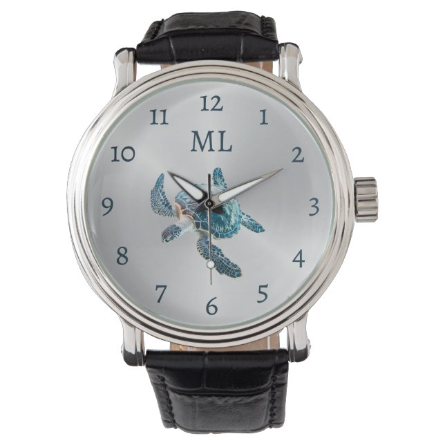 3D-Schildkröte Silber-Monogramm Armbanduhr (Vorderseite)