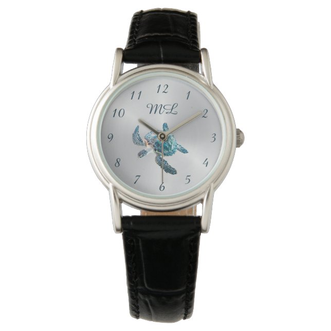 3D-Schildkröte Silber-Monogramm Armbanduhr (Vorderseite)
