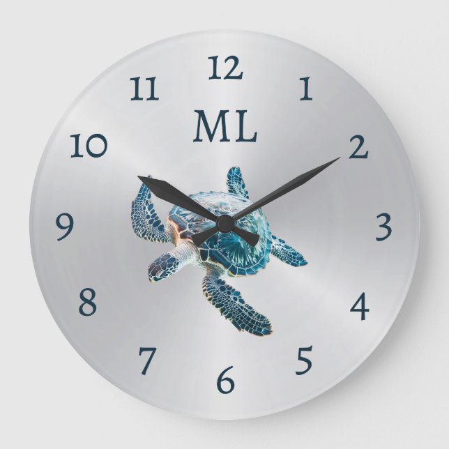 3D-Schildkröte Silber-Monogramm Große Wanduhr (Vorderseite)