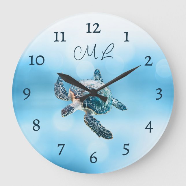 3D-Schildkröten-Silber-Monogramm Große Wanduhr (Vorderseite)