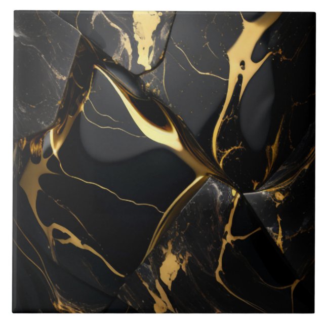 3D Schwarz/Gold Keramik Tile Fliese (Vorderseite)