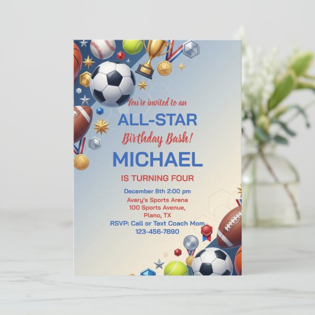 3D Sports Champion All Star Birthday Party Einladung (Stehend Vorderseite)