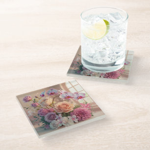 3D Spring Flowers Grußkarte mit Rose Glasuntersetzer