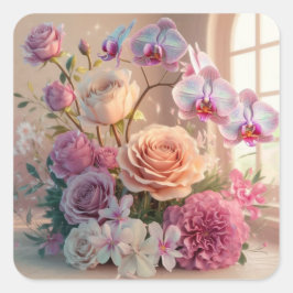 3D Spring Flowers Grußkarte mit Rose Quadratischer Aufkleber