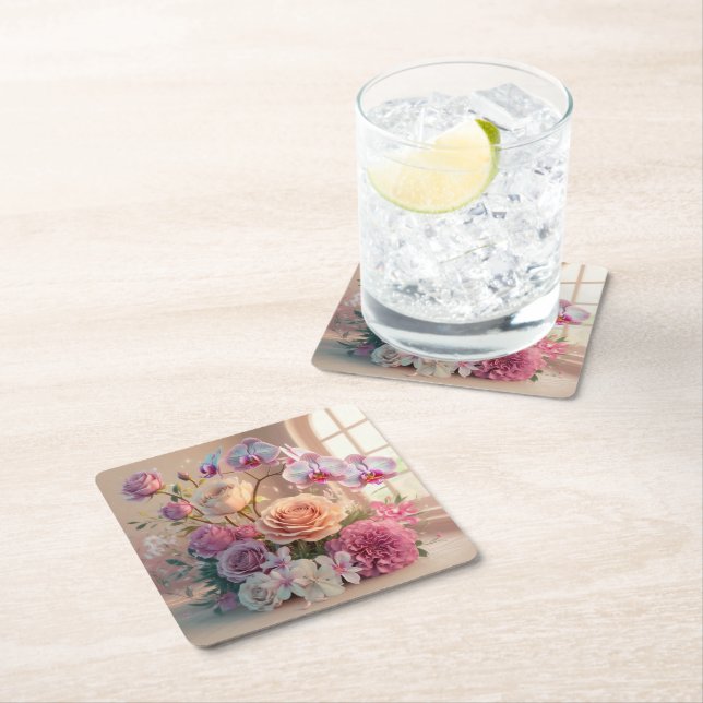 3D Spring Flowers Grußkarte mit Rose Rechteckiger Pappuntersetzer (Vor Ort)