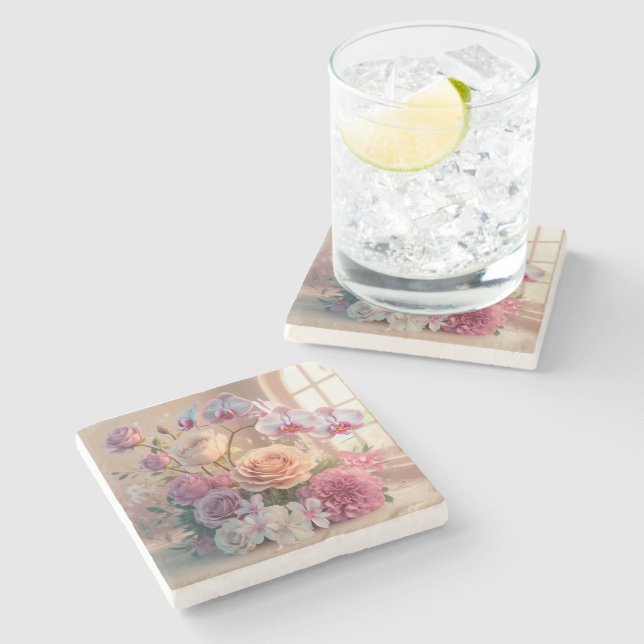 3D Spring Flowers Grußkarte mit Rose Steinuntersetzer (Seitenansicht)