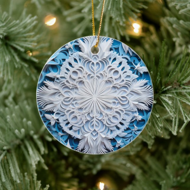 3D Style White & Blue Schneeflocken Weihnachtsfest Keramik Ornament (Baum)