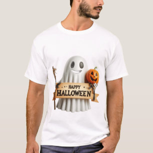 3D süßer Geist mit Happy Halloween-Schild & Kürbis T-Shirt
