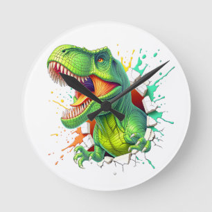 3D T-Rex Dinosaur Wand Smash Jungen T-Shirt Runde Wanduhr