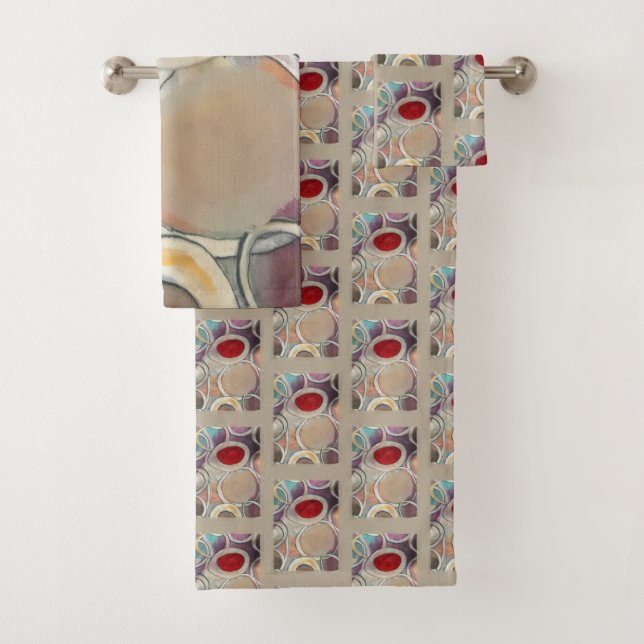 3D Tan and Burgundy Modern Pattern Badhandtuch Set (Insitu)