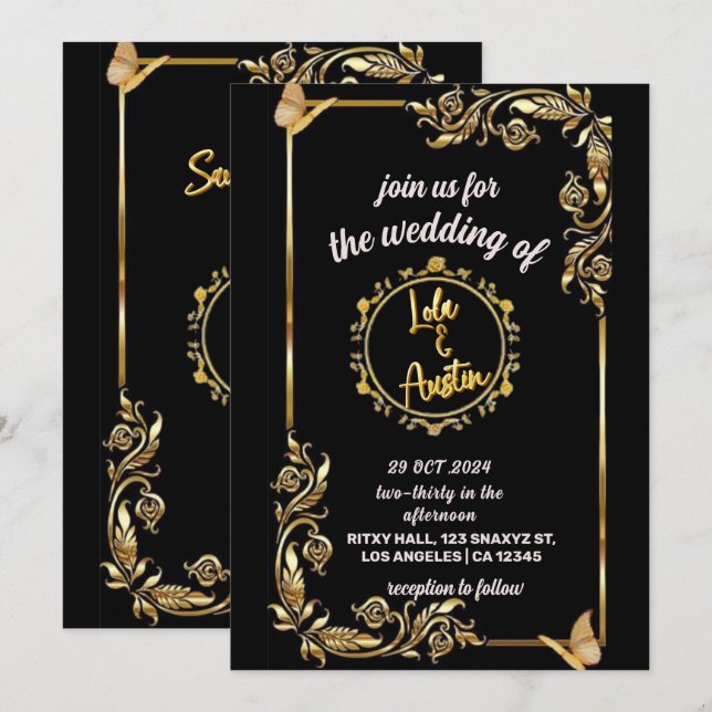 3D-Texteffekt in Schwarz und Golden, Save the Date Einladung (Vorne/Hinten)