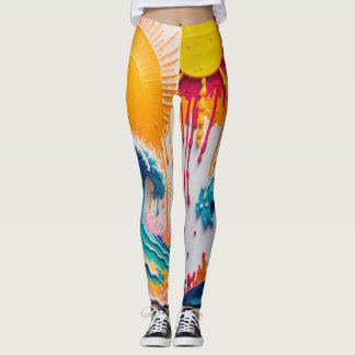 3D Textured Tropical Wave & Sun Abstract Impasto Leggings