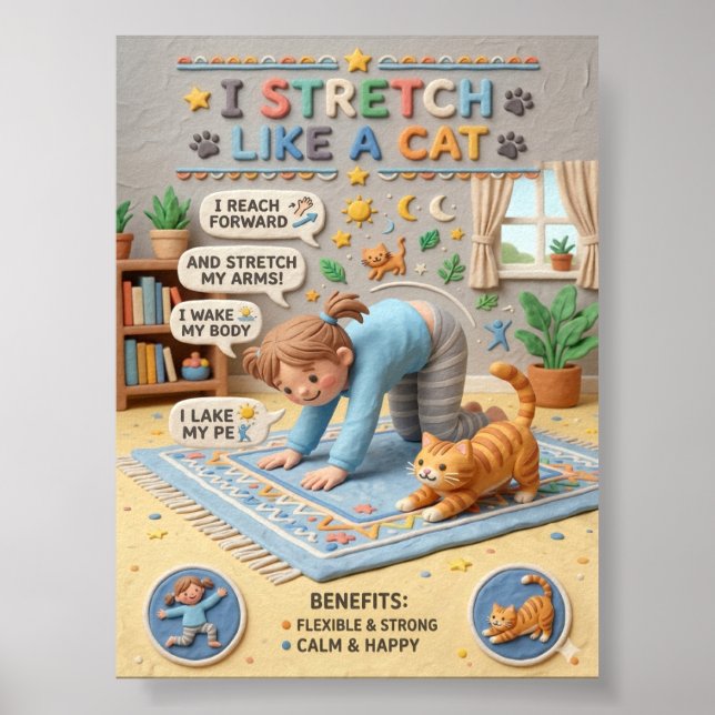 3D-Ton-Kind-und-Katze-Recken-Bildungsplakat Poster (Vorne)
