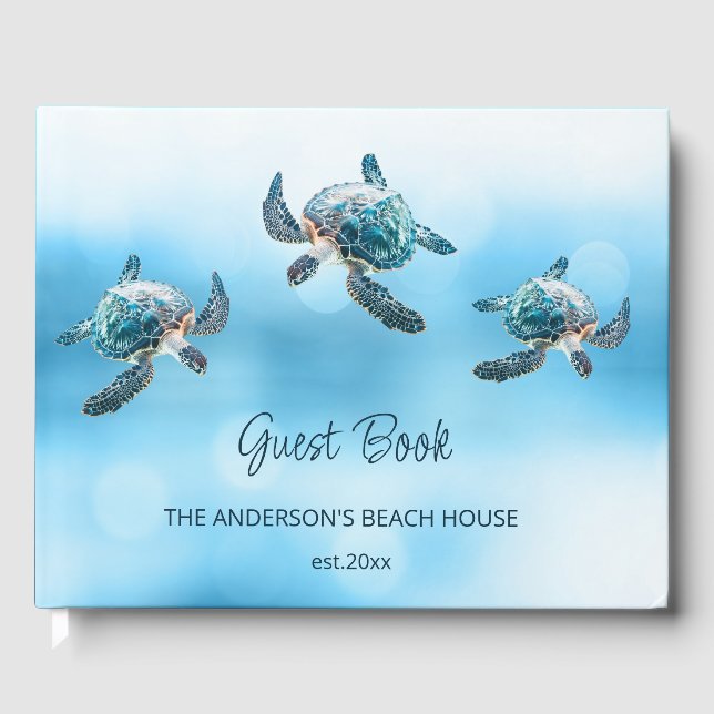 3D Turtle Turquoise Coastal Beach House Gästebuch (Vorderseite)