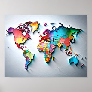 3D Wall Art Water Color World Map Poster