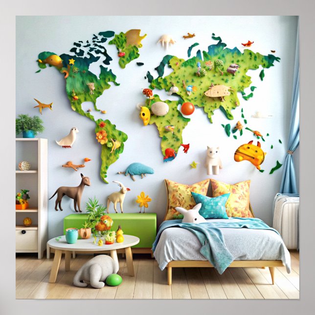 3D Wall Art World Map Poster für Kinder (Vorne)