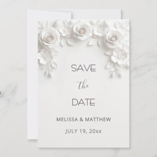 3D Weiße Rosen Save The Date Karte (Vorderseite)