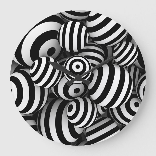 3D White Balls Black Lines Große Wanduhr (Vorderseite)