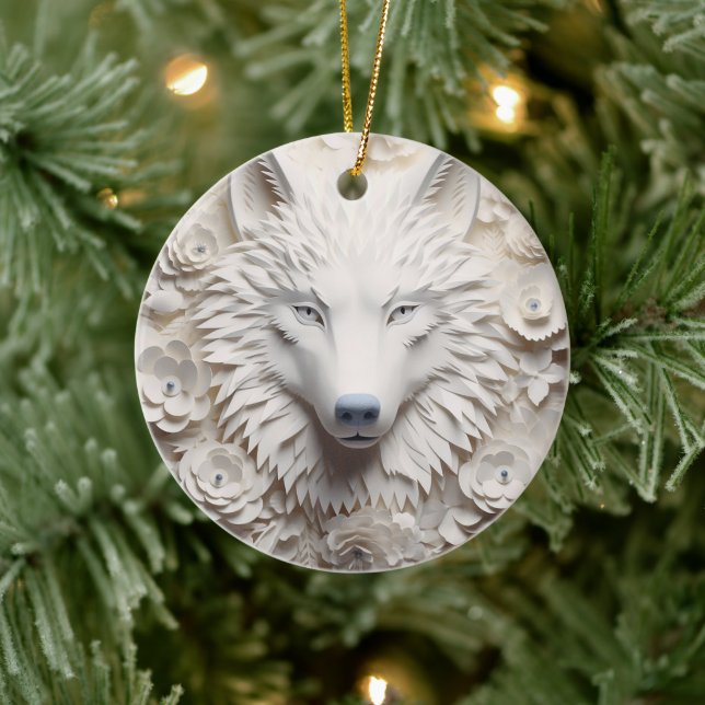 3D White Wolf Weihnachten Keramik Ornament (Baum)