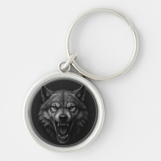 3D Wolf Head Silver Medallion Style Keychain  Schlüsselanhänger (Vorne)
