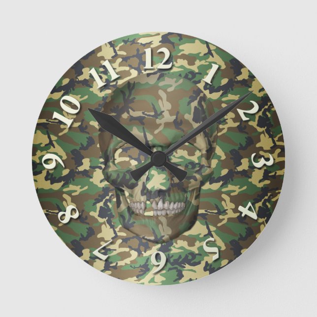 3D Woodland Camouflage Skull Runde Wanduhr (Vorderseite)