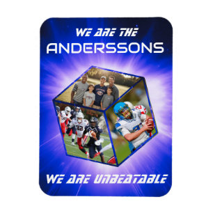 3D-Würfel-Fotokollage vor strahlendem Licht Magnet