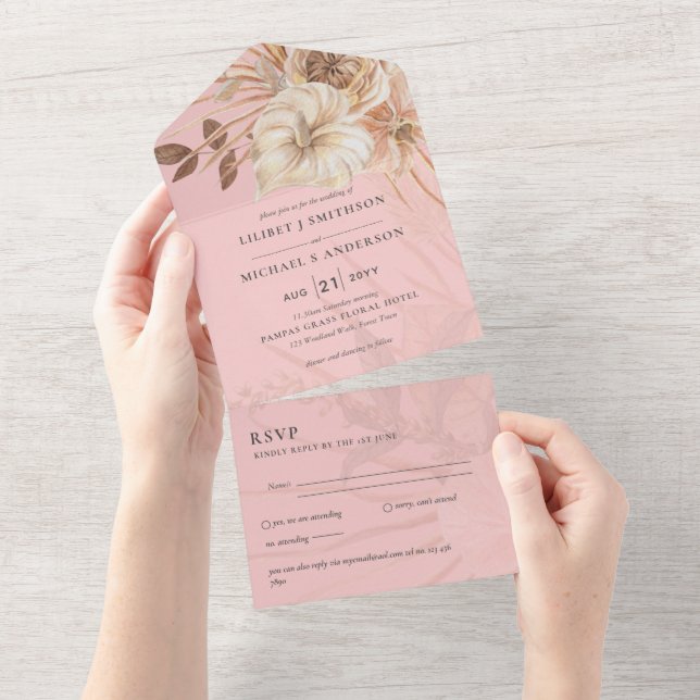 3in1 BOHO Pampas Grass Terracotta Wedding RSVP All In One Einladung (Abreißen)