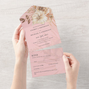 3in1 BOHO Pampas Grass Terracotta Wedding RSVP All In One Einladung