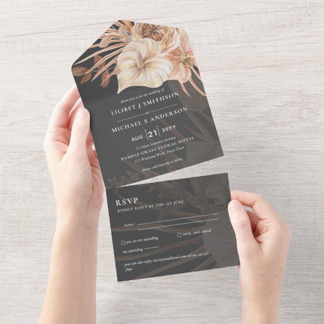 3in1 BOHO Pampas Grass Terracotta Wedding RSVP All In One Einladung (Abreißen)