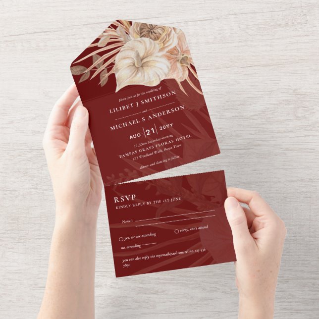 3in1 BOHO Pampas Grass Terracotta Wedding RSVP All In One Einladung (Abreißen)