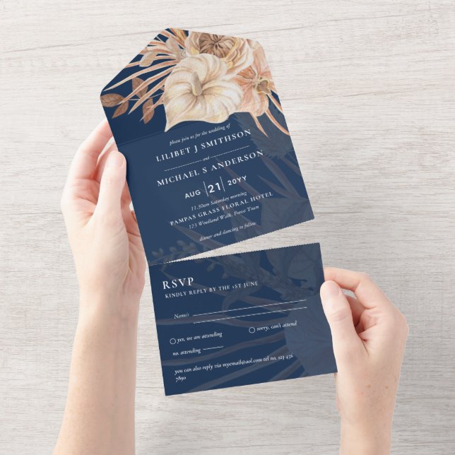 3in1 BOHO Pampas Grass Terracotta Wedding RSVP All In One Einladung (Abreißen)