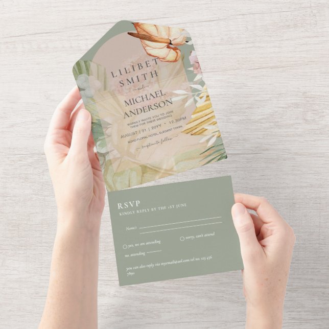 3in1 Boho Pampas Grass Wedding RSVP All In One Einladung (Abreißen)