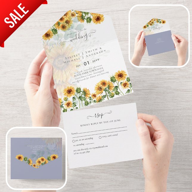 3in1 Dusty Blue SUNFLOWERS Floral Wedding All In One Einladung (Von Creator hochgeladen)