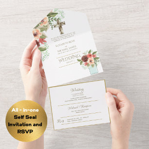 3in1 Katholische Hochzeitseinladungen Floral Gold  All In One Einladung
