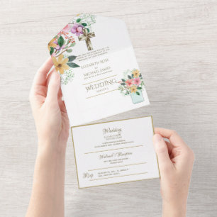 3in1 Katholische Hochzeitskarten Floral Gold RSVP All In One Einladung