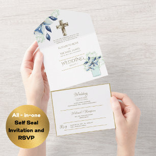3in1 Katholische Hochzeitskarten Floral Gold RSVP All In One Einladung