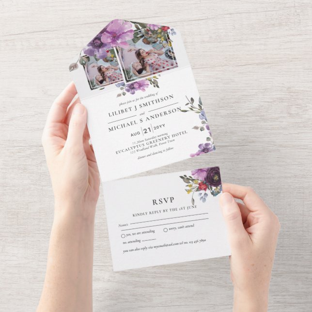 3in1 Lila Lavender FOTO Wedding INVITE UAWG All In One Einladung (Abreißen)