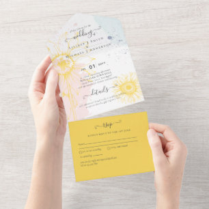 3in1 Moderne Sonnenblumen-Hochzeits-RSVP in Rosa u All In One Einladung