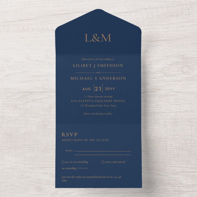 3in1 Navy Blue Gold Text nur Hochzeit Einladung (Innen Boden)