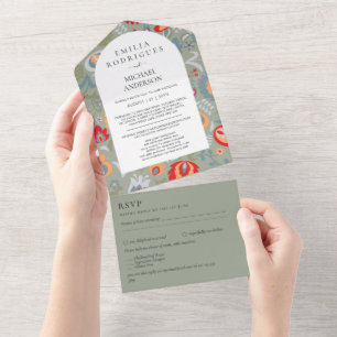 3in1 Olivgrüne Volkskunst Blumen PHOTO Blumen All In One Einladung