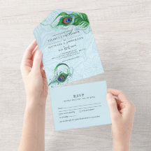 3in1 Peacock Blue Green Feather Wedding RSVP Alle
