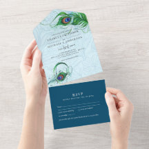 3in1 Peacock Blue Green Feather Wedding RSVP Alle