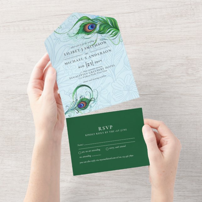 3in1 Peacock Blue Green Feather Wedding RSVP Alle  All In One Einladung (Abreißen)